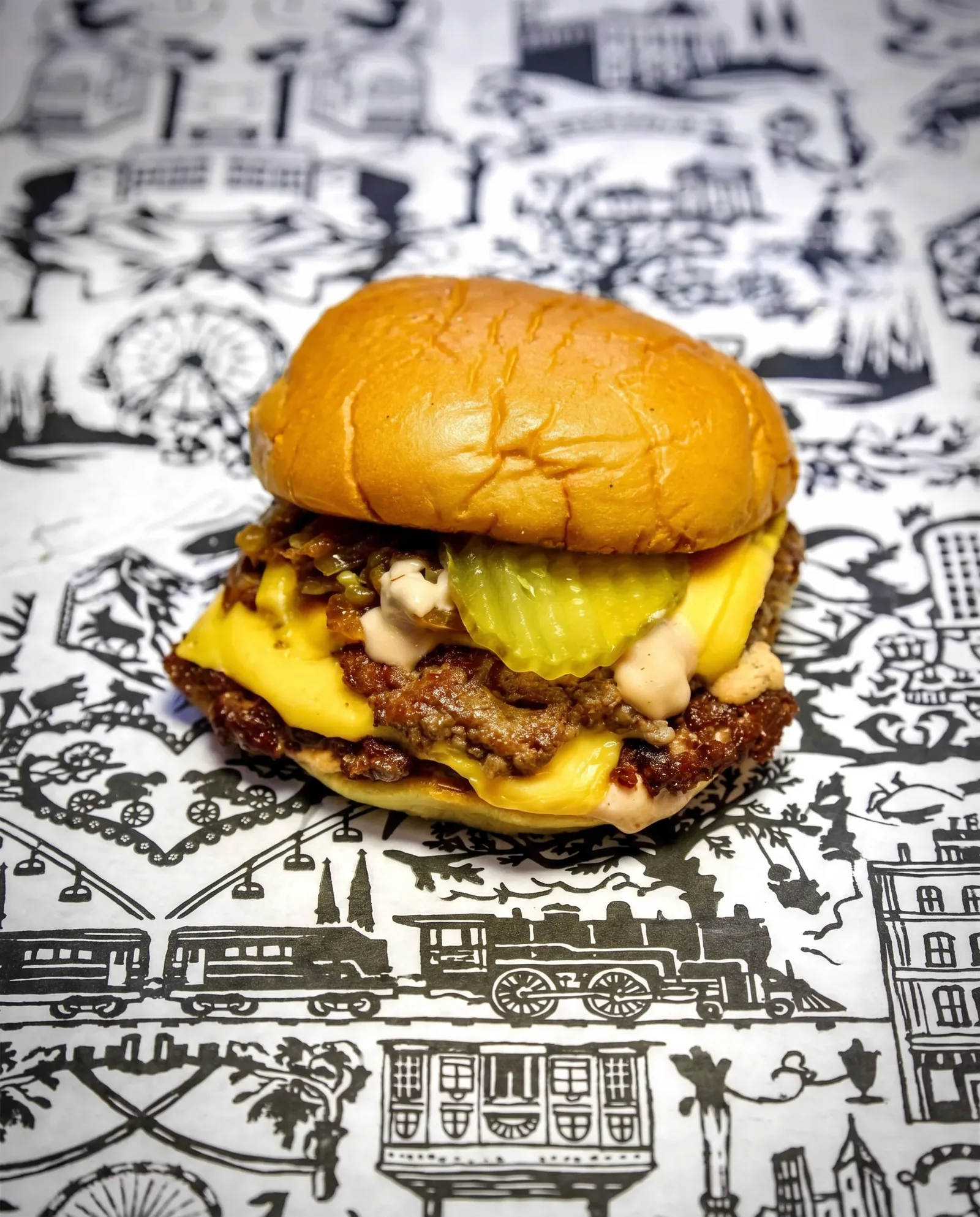 Double Smashburger on DÄ paper: two smashed patties with cheddar, caramelised onions, a pickle and homemade sauce in a Martin's potato bun